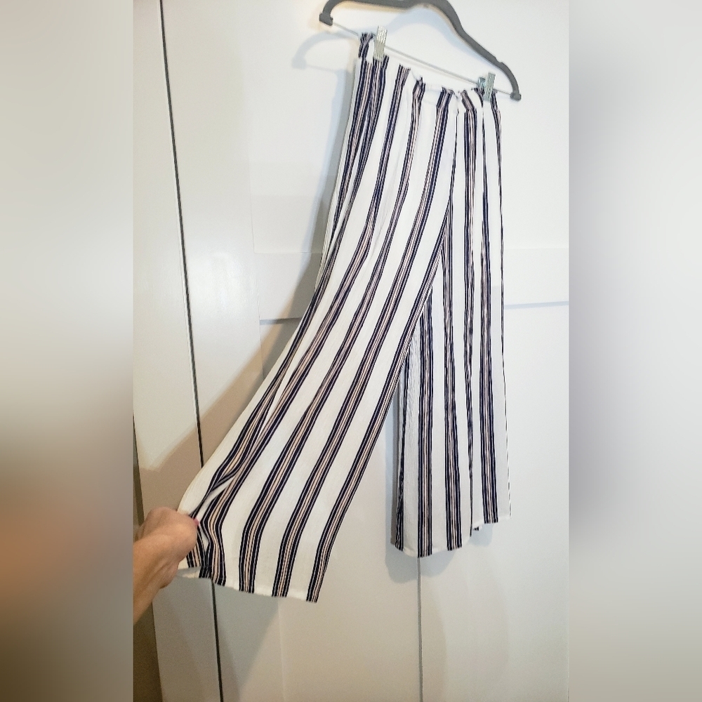 Simplee Viscose 100% Pants Wide Leg Striped Split Thigh High Tie Waist Sz Small - Picture 7 of 10